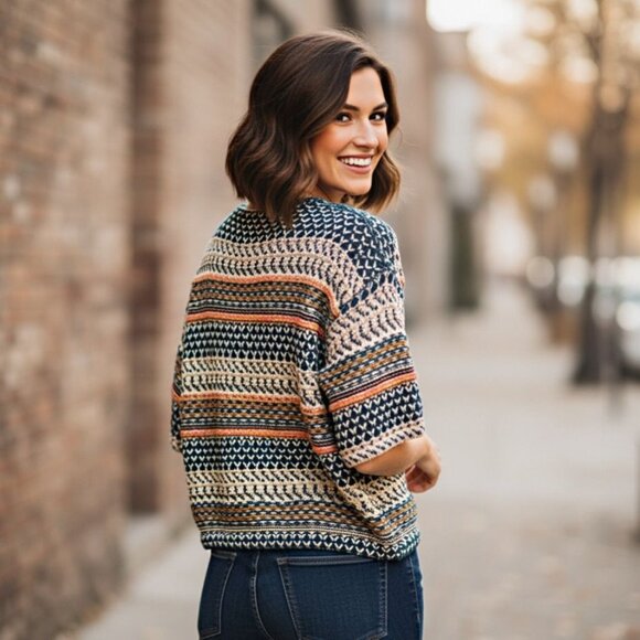 Lou & Grey Knit Crochet Cropped Sweater Top Multicolor Boho Drawstring Oversized - Picture 3 of 12